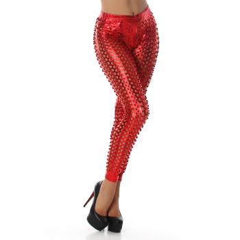 M 38 Sexy Gogo Clubwear Leggings Mit Lochmuster Metallic-Look Rot