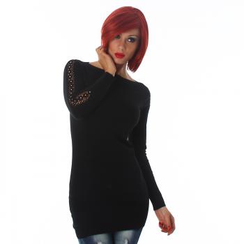 Sexy Damen Longpulli Pullover mit Applikation 36 38 S M schwarz