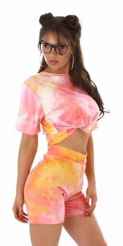 Sexy Set 2 teilig T-Shirt & Shorts Batik Style Mixed kurze Hose multicolor / Salmon