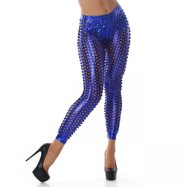 S 36 Sexy Gogo Clubwear Leggings Mit Lochmuster Metallic-Look blau